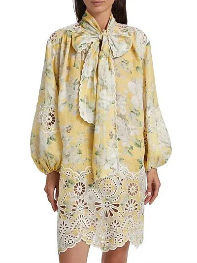 Zimmermann Acacia Broderie Tie Neck Mini Dress In Yellow Floral