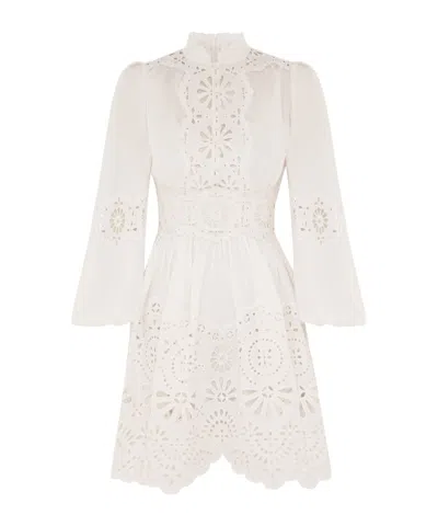 Zimmermann 'acacia'white Mini Dress With All-over Broderie Anglaise And Scallop Hem In Pink
