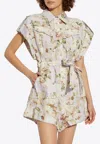 Zimmermann Floral Print Linen Playsuit With Belted Waist And Short Sleeves In Lilac