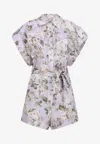 Zimmermann Floral Print Linen Playsuit With Belted Waist And Short Sleeves In Multicolor
