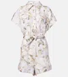 Zimmermann Floral Print Linen Playsuit With Belted Waist And Short Sleeves In Purple