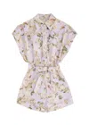 Zimmermann Floral Print Linen Playsuit With Belted Waist And Short Sleeves In Multi Floral