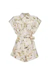 Zimmermann Floral Print Linen Playsuit With Belted Waist And Short Sleeves In Purple/neutrals