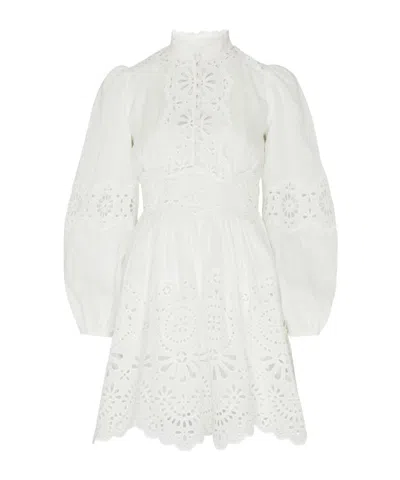 Zimmermann 'acacia'white Mini Dress With All-over Broderie Anglaise And Scallop Hem In Pink