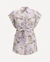 Zimmermann Floral Print Linen Playsuit With Belted Waist And Short Sleeves In Pink