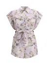 Zimmermann Floral Print Linen Playsuit With Belted Waist And Short Sleeves In Lilac Floral