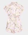 Zimmermann Floral Print Linen Playsuit With Belted Waist And Short Sleeves In Lilac Floral