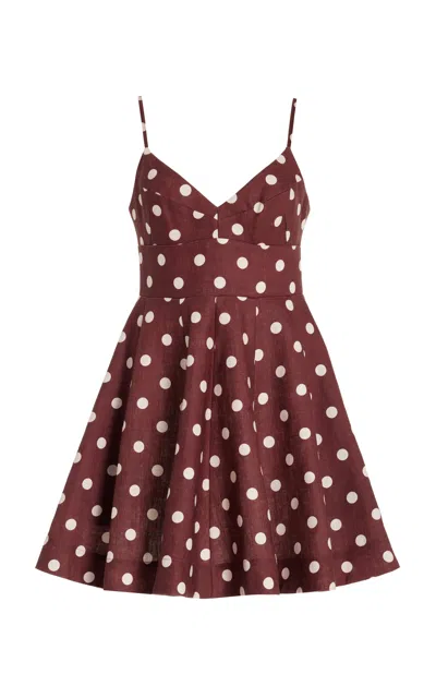 Zimmermann Acacia Polka-dot Linen Fit-and-flare Mini Dress In Brown