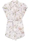 Zimmermann Floral Print Linen Playsuit With Belted Waist And Short Sleeves