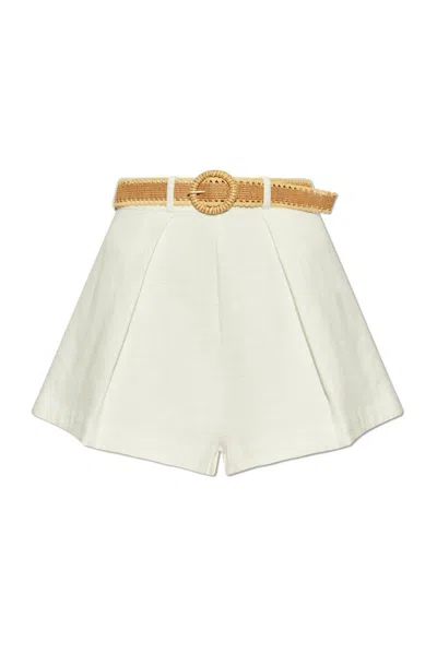 Zimmermann Acacia Belted Pleated Textured-cotton Shorts In White