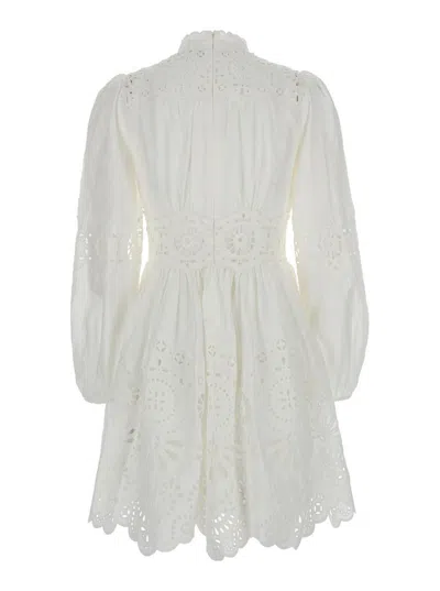 ZIMMERMANN 'ACACIA'WHITE MINI DRESS WITH ALL-OVER BRODERIE ANGLAISE AND SCALLOP HEM IN TECH FABRIC STRETCH WOMA