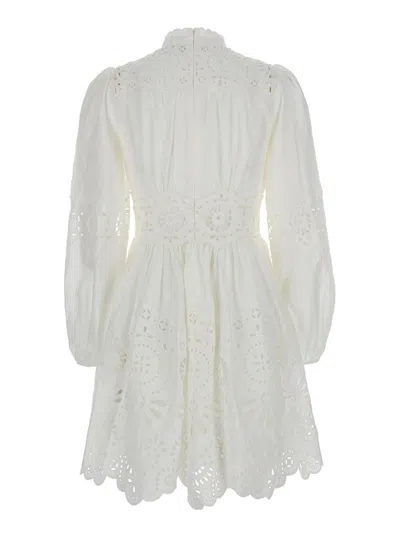 Zimmermann 'acacia'white Mini Dress With All-over Broderie Anglaise And Scallop Hem In Tech Fabric Stretch Woma