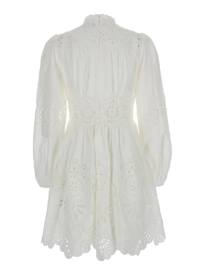 ZIMMERMANN ACACIAWHITE MINI DRESS WITH ALL-OVER BRODERIE ANGLAISE AND SCALLOP HEM IN TECH FABRIC STRETCH WOMAN