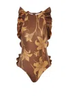 Zimmermann Acadian Racer Back Frill One Piece Mustard/chocolate Floral In Brown