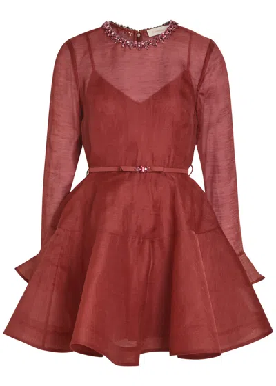 Zimmermann Alchemy Belted Linen-blend Mini Dress In Red