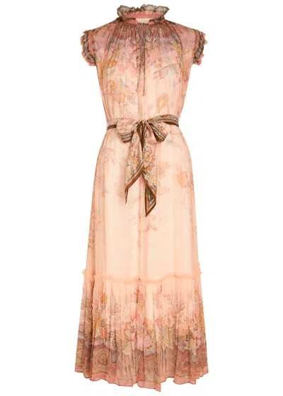 Zimmermann Alchemy Belted Paisley-print Chiffon Midi Dress In Pink