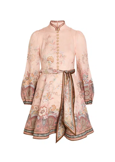 Zimmermann Alchemy Floral-print Belted Linen Mini Dress In Pink