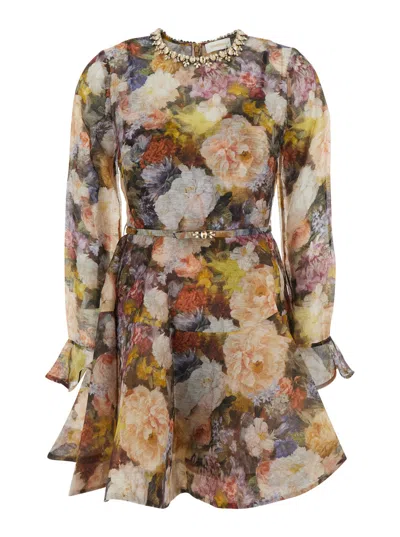 Zimmermann Alchemy Multicolor Mini Dress With Front Belt In Linen-silk