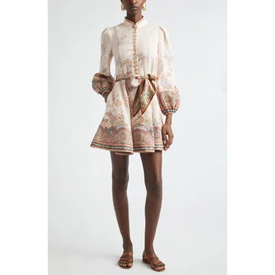 Zimmermann Alchemy Paisley Long Sleeve Belted Linen Minidress In Neutral