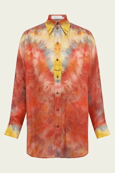 Zimmermann Alchemy Relaxed Satin Shirt In Ruby Tie Dye In Multi