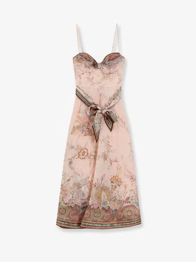 Zimmermann Alchemy Silk And Linen Blend Midi Dress With All-over Floral Print In Pink