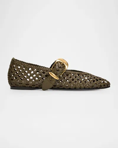 Zimmermann Alchemy Woven Leather Ballerina Flats In Dark Olive