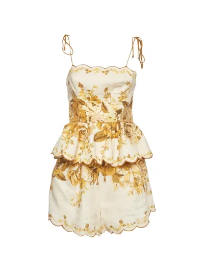 Pre-owned Zimmermann Aliane Floral-print Shorts Set Set Of Two) In Neutrals