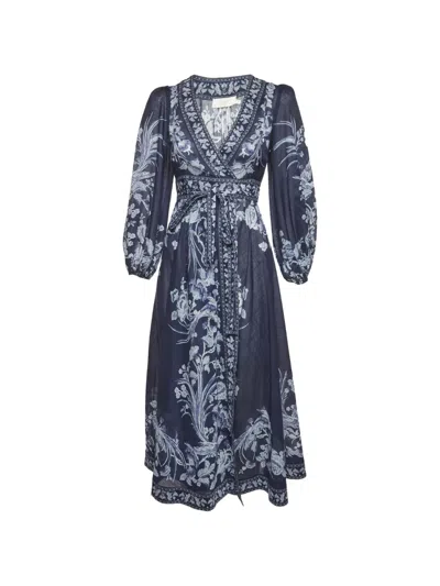 Pre-owned Zimmermann Aliane Floral-print Wrap Midi Dress In Blue