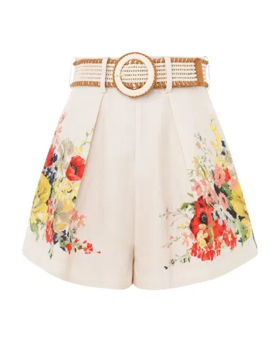 Zimmermann + Net Sustain Alight Belted Pleated Floral-print Linen Shorts In Ivory Floral