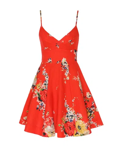 Zimmermann Alight Shirred Floral-print Linen Mini Dress In Red Floral