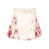 Zimmermann Lightburst Belted Pleated Floral-print Linen Shorts In Beige