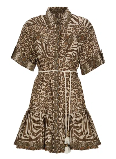 Zimmermann Animal Print Cotton Mini Dress With Belted Waist And Ruffled Hem In Brown