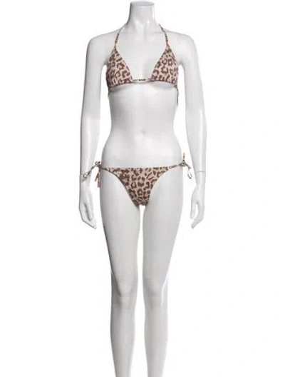Pre-owned Zimmermann Animal Print Crochet Trim Bikini In Brown