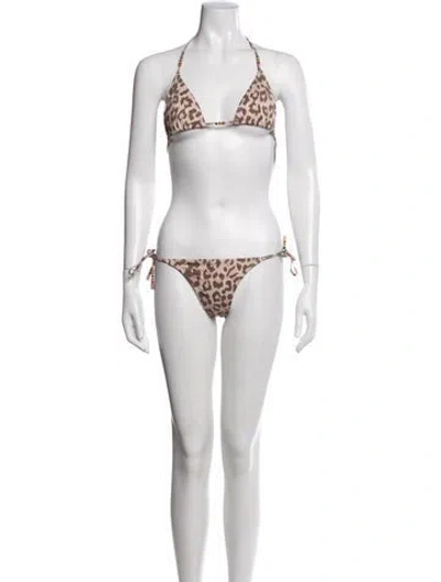 Pre-owned Zimmermann Animal Print Crochet Trim Bikini In Brown