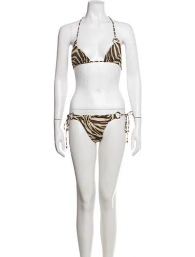 Pre-owned Zimmermann Animal Print Crochet Trim Bikini W/ Tags In Neutral