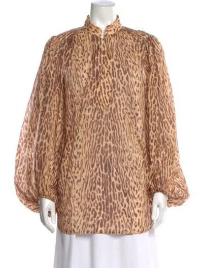 Pre-owned Zimmermann Animal Print Long Sleeve Blouse In Brown