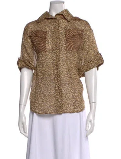 Pre-owned Zimmermann Animal Print Short Sleeve Blouse In Brown