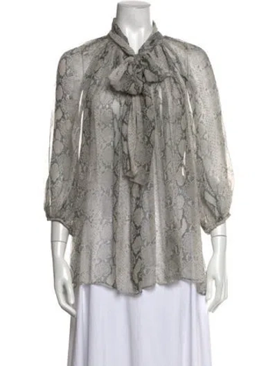 Pre-owned Zimmermann Animal Print Tie Neck Blouse In Gray