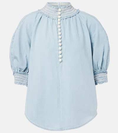 Zimmermann Ascension Balloon-sleeve Denim Blouse In Blue