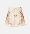 Zimmermann Floral Print Linen Shorts With Removable Waist Strap And Side Pockets In Neutral