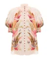 Zimmermann Ascension Embellished Shirred Floral-print Ramie Blouse In Multi