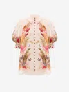 Zimmermann Ascension Embellished Shirred Floral-print Ramie Blouse In Multi