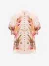 Zimmermann Ascension Embellished Shirred Floral-print Ramie Blouse In Multi