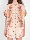 Zimmermann Ascension Embellished Shirred Floral-print Ramie Blouse