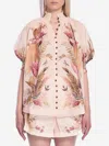 Zimmermann Ascension Embellished Shirred Floral-print Ramie Blouse