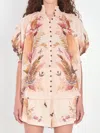 Zimmermann Ascension Embellished Shirred Floral-print Ramie Blouse