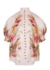 Zimmermann Ascension Billow Blouse Cream Palm Floral In Pink