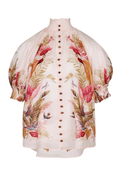 Zimmermann Ascension Billow Blouse Cream Palm Floral In Pink
