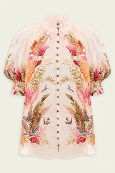 Zimmermann Ascension Embellished Shirred Floral-print Ramie Blouse In Multi