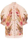 Zimmermann Ascension Embellished Shirred Floral-print Ramie Blouse In Multi